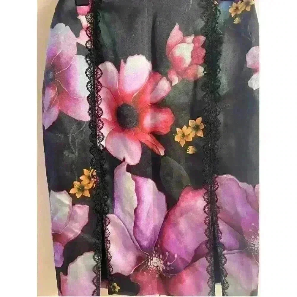 Marchessa notte black satin lace detail floral‎ print skirt Sz 4 - Picture 2 of 8